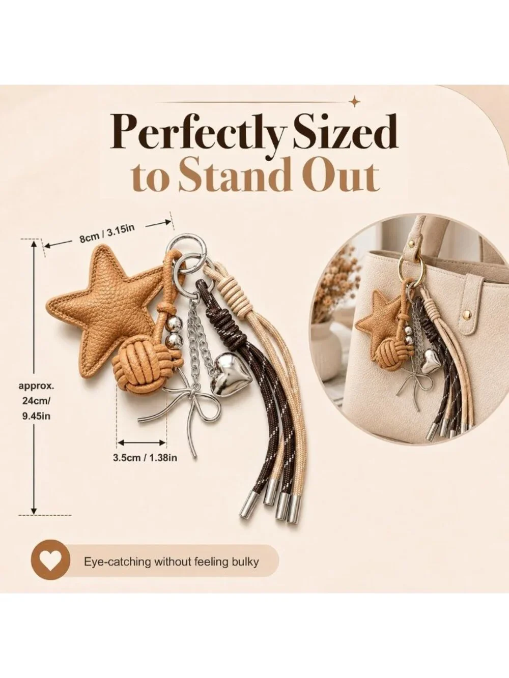 Chic 2-in-1 PU Leather Star Bag Charm Keychain with Braided Rope & Bow Accents